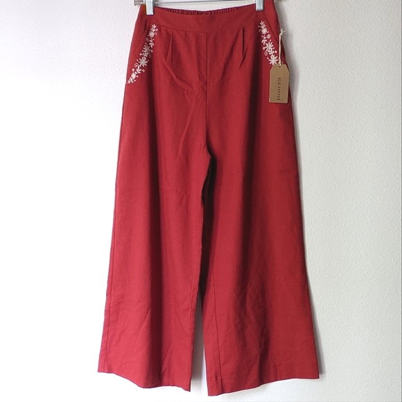 Blu Pepper Wide Leg Cinnamon Pants with Floral Embroidery - Picture 1 of 7